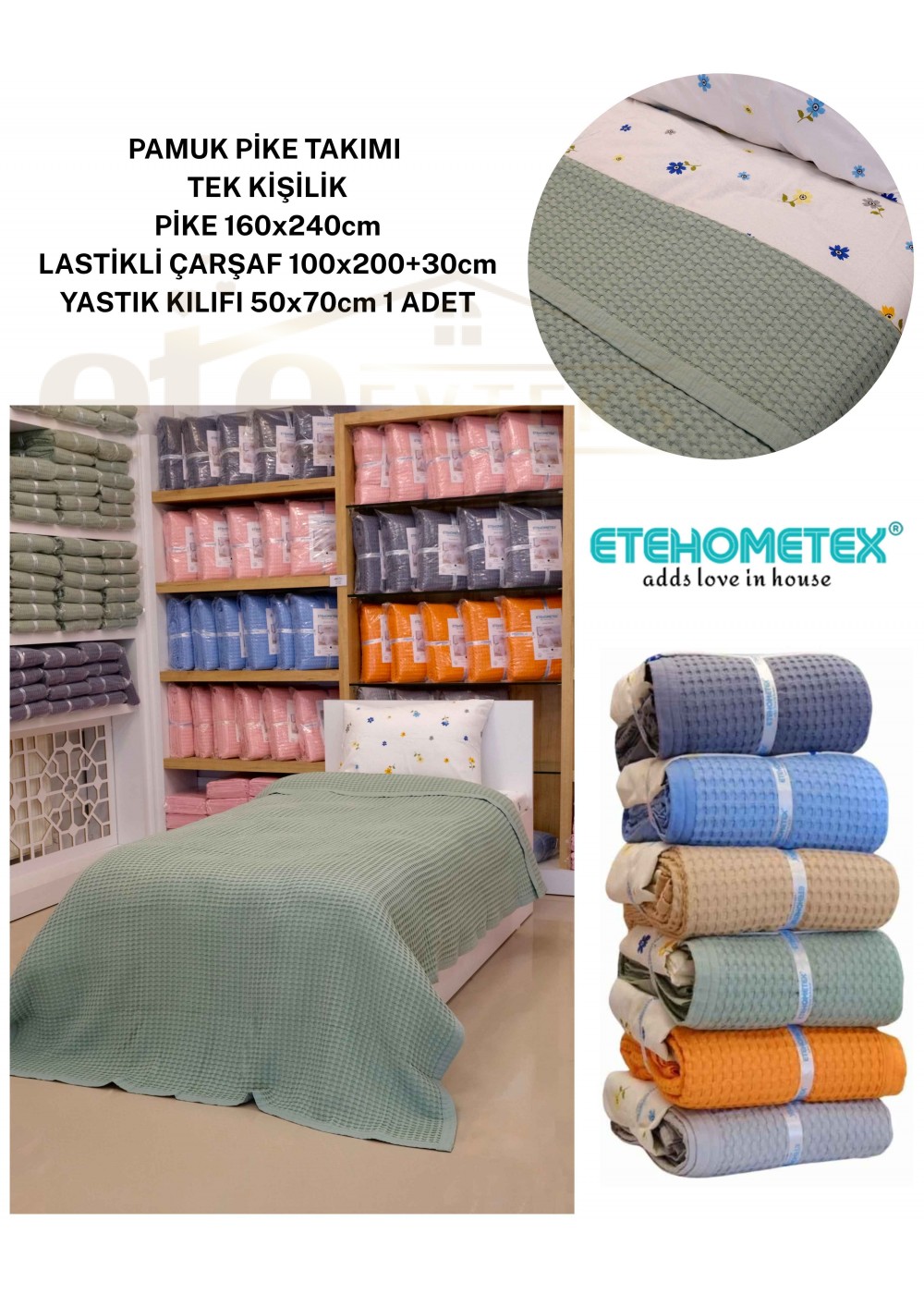 ETEHOMETEX HAVUZLU PİKE TAKIMI %100 PAMUK TEK KİŞİLİK YEŞİL 8696474232089